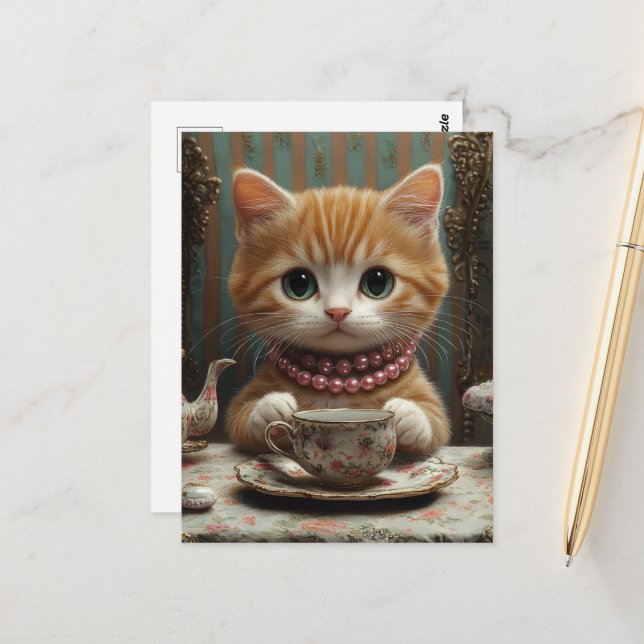 Gorgeous Kitty in Pink Pearls at Tea Postcard (Front/Back In Situ)