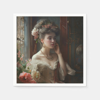 Gorgeous Lady In A Silk Flowers Dress.  Napkin