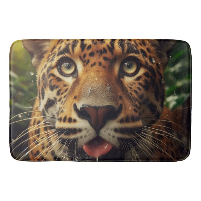 Gorgeous Leopard Stares Lapping Water in Jungle  Bath Mat (Front)