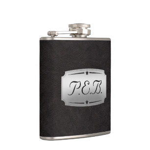 Gorgeous masculine Black Leather Look Monogram Hip Flask