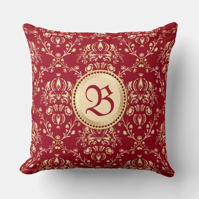 Gorgeous Mediaeval Gold Damask Carmine Red Cushion (Front)