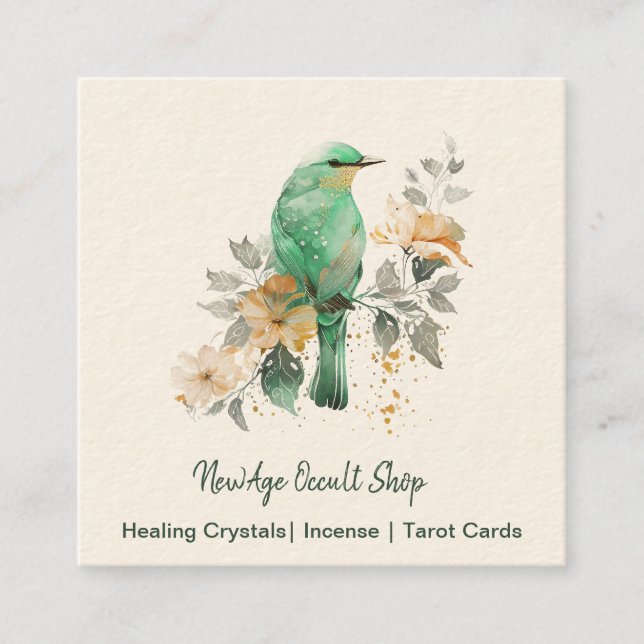 Gorgeous Mint and Gold Bird and Flowers Square Business Card (Front)