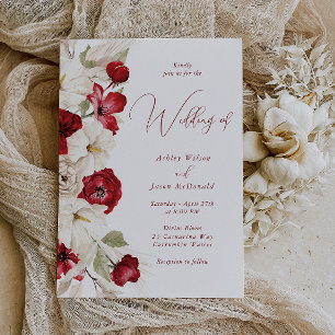 Gorgeous Modern Script Red & White Floral Wedding Invitation