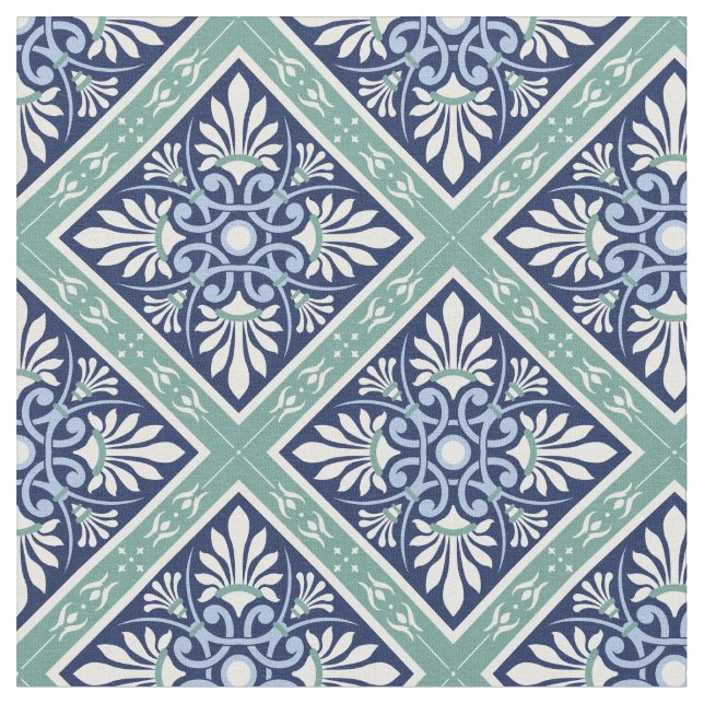 Gorgeous Moroccan Abstract - Blue, White, Green Fabric (Close Up)