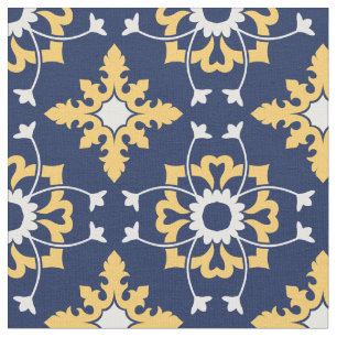 Gorgeous Moroccan Abstract in Blue, Yellow and Whi Fabric