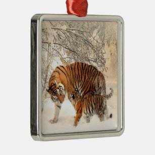 Gorgeous Mother & Baby Tiger Winter Wilderness Metal Ornament