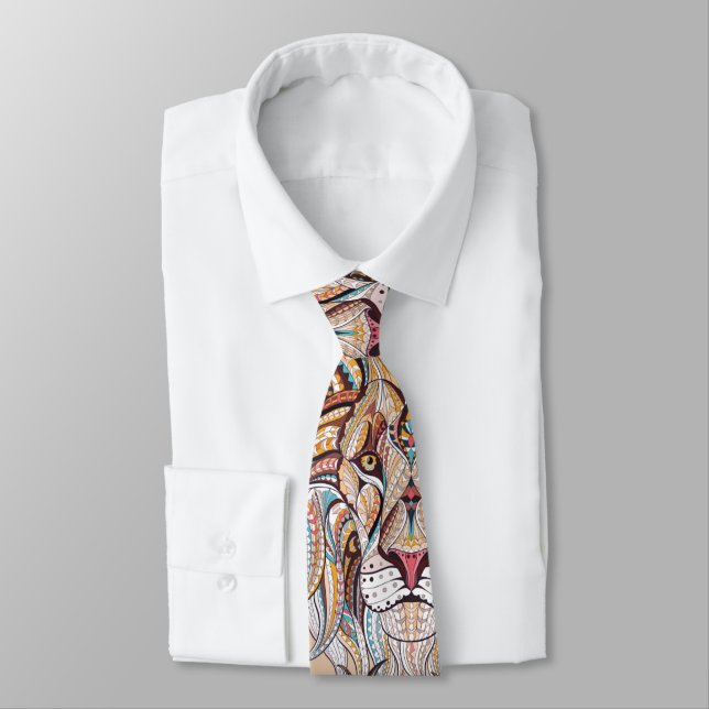 Gorgeous mutli coloured lion head on beige tie (Tied)