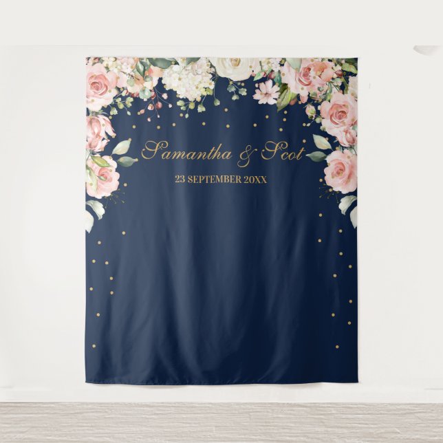 Gorgeous navy and blush pink floral boho wedding tapestry (Front)