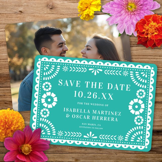 Gorgeous Ornate Papel Picado Photo Aqua Wedding Save The Date (Creator Uploaded)