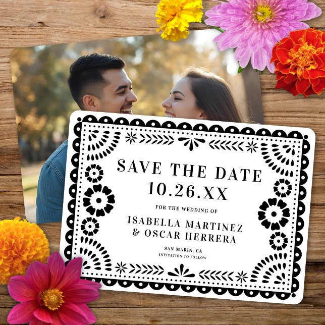 Gorgeous Ornate Papel Picado Photo B&W Wedding Save The Date (Creator Uploaded)