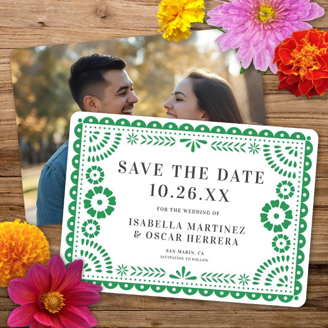 Gorgeous Ornate Papel Picado Photo Green Wedding Save The Date (Creator Uploaded)