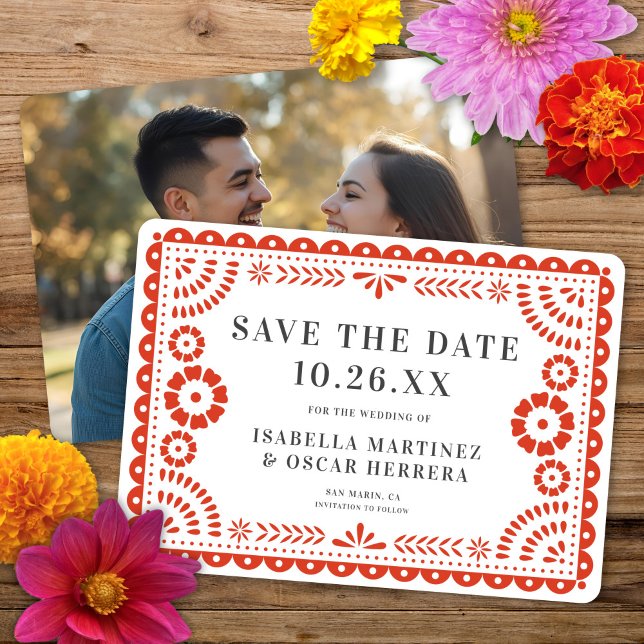 Gorgeous Papel Picado Photo Warm Red Wedding Save The Date (Creator Uploaded)