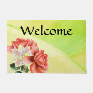 Gorgeous Peach Flowers Youthful Green Doormat