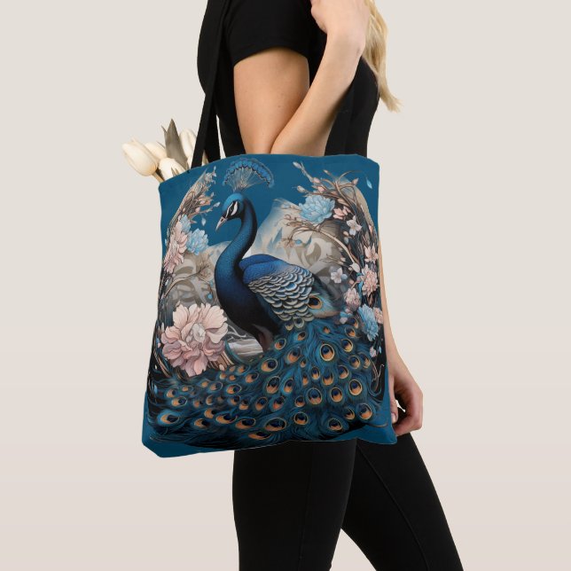 Gorgeous Peacock with Blue Base Tote Bag (Close Up)
