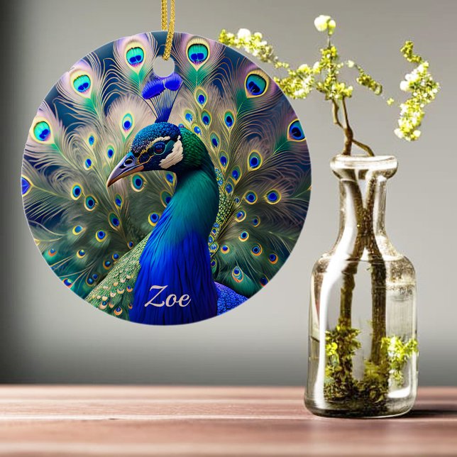 Gorgeous peacock with teal and gold plumage ceramic ornament (Creator Uploaded)