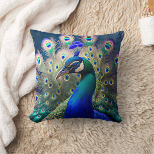 Gorgeous peacock with teal and gold plumage cushion