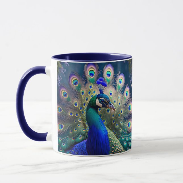 Gorgeous peacock with teal and gold plumage mug (Left)
