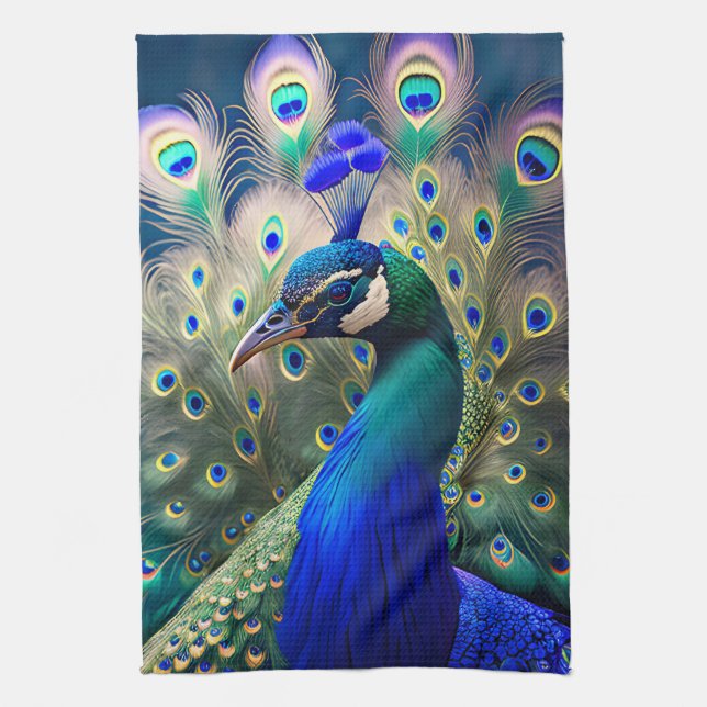 Gorgeous peacock with teal and gold plumage tea towel (Vertical)