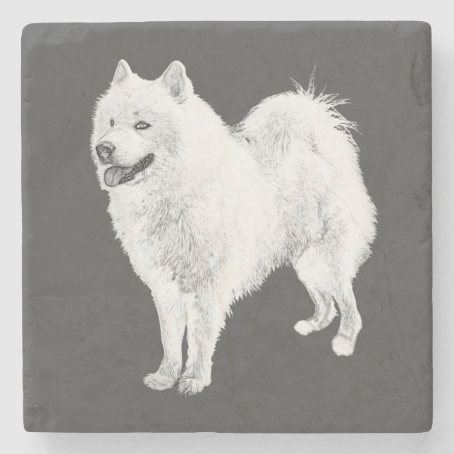 Gorgeous Pencil Drawn Samoyed Dog Marble Coaster (Front)