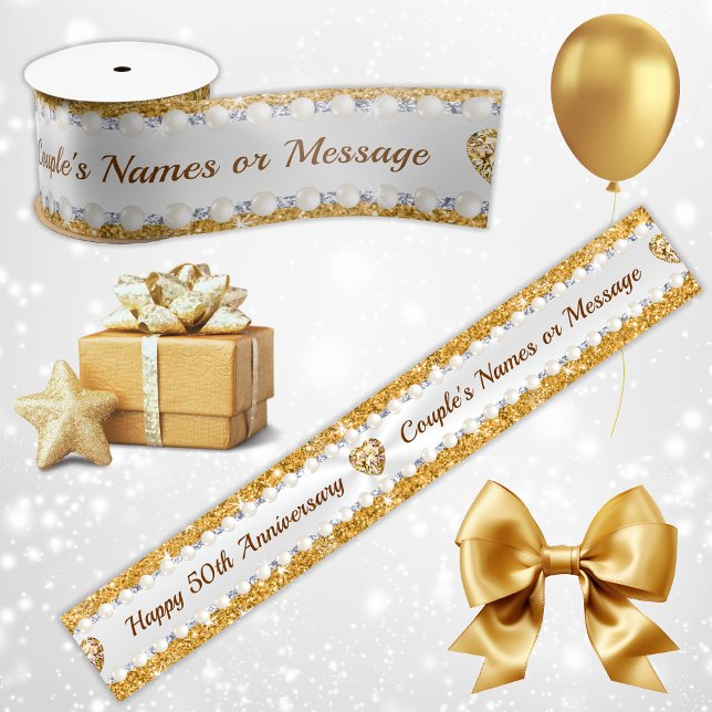 Gorgeous Personalised, 50th Anniversary Ribbon, Satin Ribbon (50th Wedding Anniversary Ribbons. 50th gift wrapping, Golden Anniversary Party Favors, Decorations.)