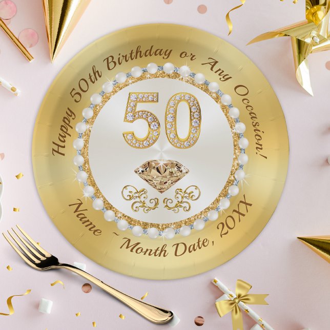 Gorgeous, Personalised, 50th Birthday Paper Plates (Custom, 50th Birthday Paper Plates. 50th Birthday Party Supplies, 50th Birthday Table Decorations.)
