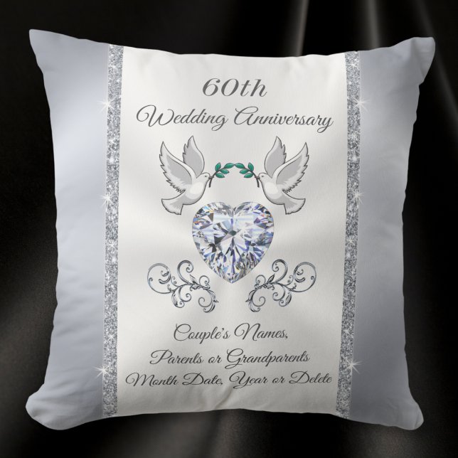 Gorgeous Personalised 60 years of Marriage Gift Cushion (60th wedding anniversary gifts for grandparents. Diamond anniversary throw pillow with Heart Diamond)
