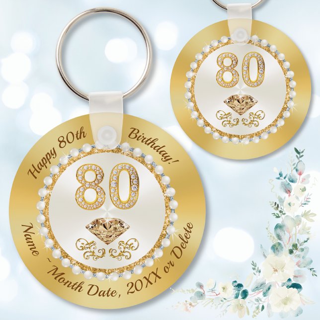 Gorgeous, Personalised Favours for 80th Birthday,  Key Ring (80th birthday party favors. Party favors for 80th birthday ideas. Gold and Ivory, 80th birthday)
