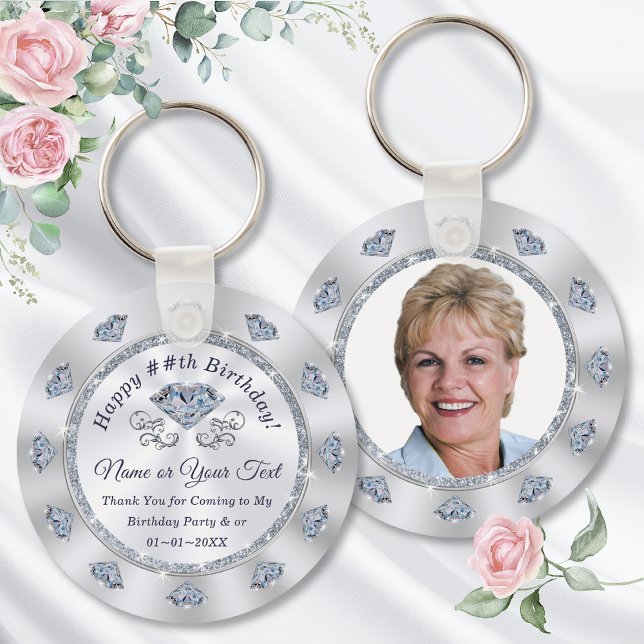 Gorgeous Photo Personalised, Diamond Party Favour Key Ring (100th birthday party favors. 90th birthday souvenirs. Personalized Birthday Party Favors. Mother.)