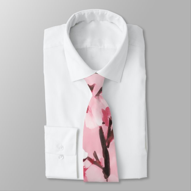 Gorgeous Pink Cherry Blossom Painting Pattern Tie (Tied)