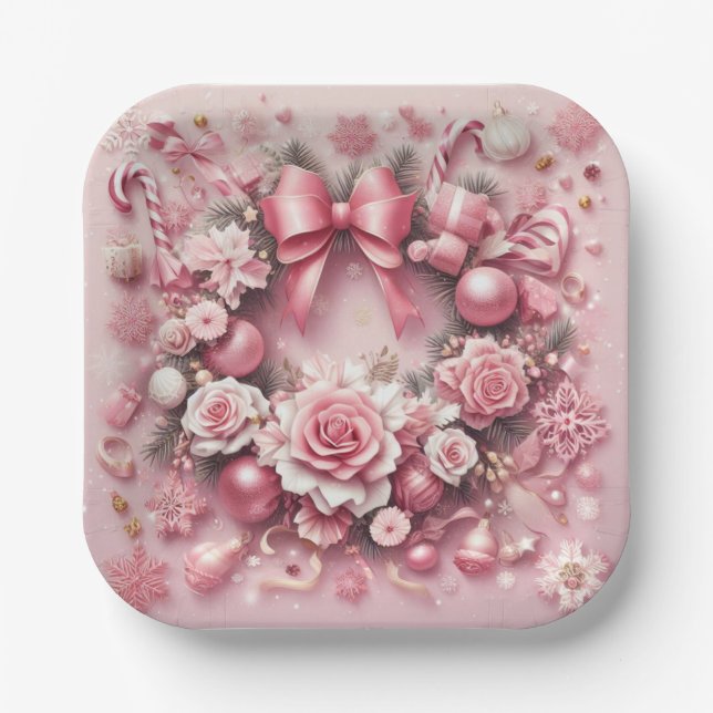 Gorgeous Pink Christmas Wreath Floral Ribbons Paper Plate (Front)