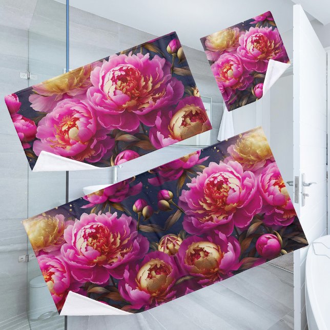 Gorgeous pink peonies with golden accents  bath towel set (Creator Uploaded)