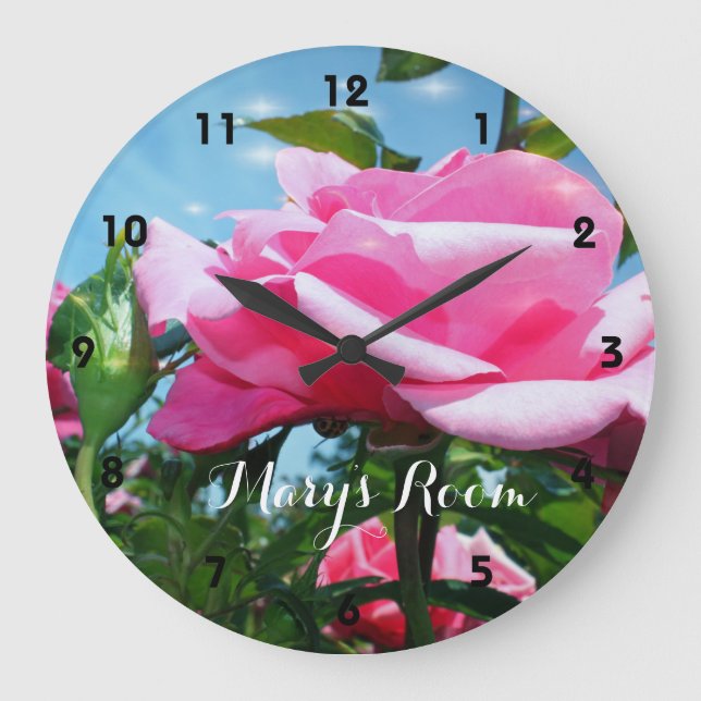 Gorgeous pink rose flower in blue sky.  Floral Large Clock (Front)