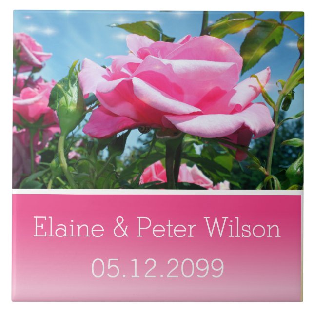 Gorgeous pink rose flowers wedding anniversary ceramic tile (Front)
