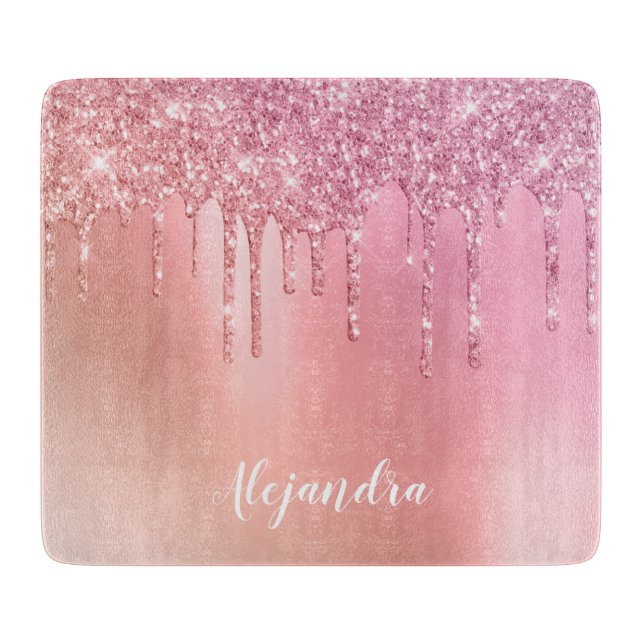 Gorgeous pink rose gold & copper glitter drips cutting board (Front)