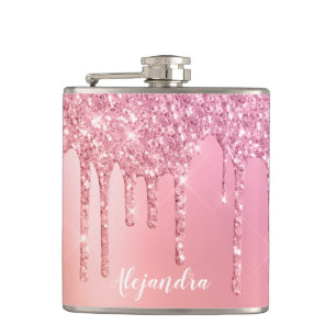 Gorgeous pink rose gold & copper glitter drips hip flask