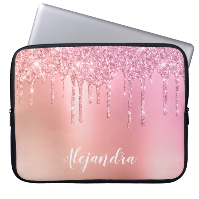 Gorgeous pink rose gold & copper glitter drips laptop sleeve (Front)