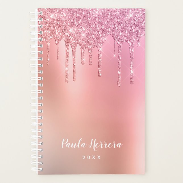 Gorgeous pink rose gold & copper glitter drips planner (Front)