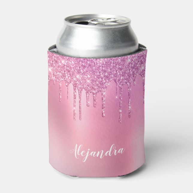 Gorgeous pink rose gold & purple glitter drips can cooler (Can Front)