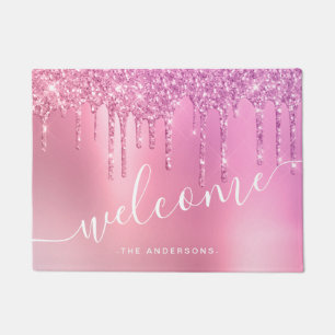 Gorgeous pink rose gold & purple glitter drips doormat
