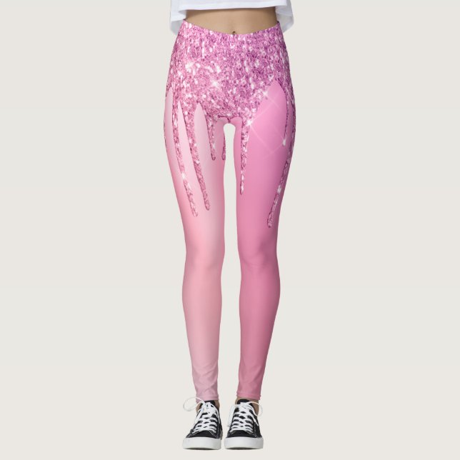 Gorgeous pink rose gold & purple glitter drips leggings (Front)