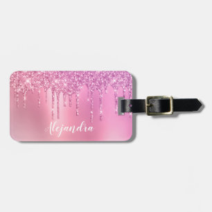 Gorgeous pink rose gold & purple glitter drips luggage tag