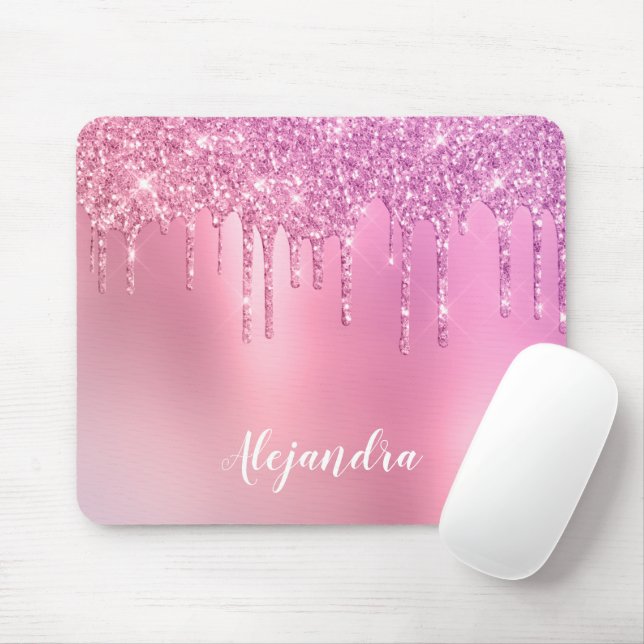 Gorgeous pink rose gold & purple glitter drips mouse pad (With Mouse)