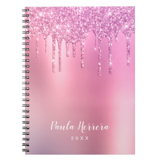 Gorgeous pink rose gold & purple glitter drips notebook (Front)