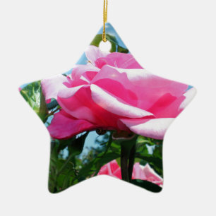 Gorgeous pink rose in blue sky. Floral photography Ceramic Tree Decoration