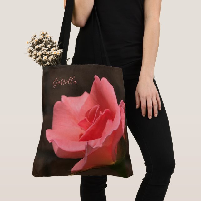 Gorgeous pink rose, personalise w/ name tote bag (Close Up)