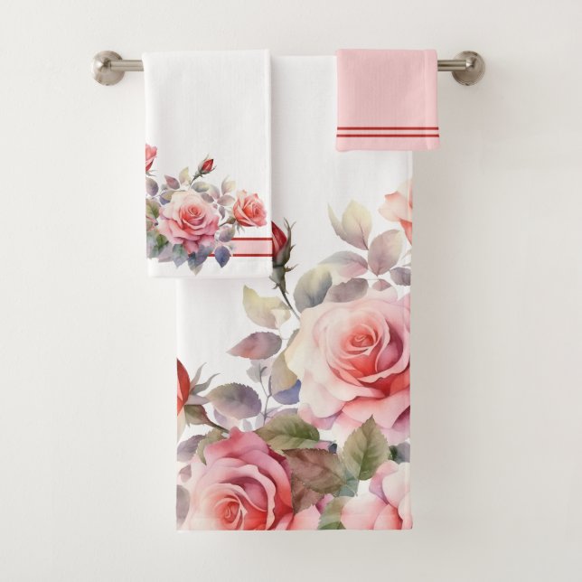 Gorgeous Pink Roses Bath Towel Set (Insitu)
