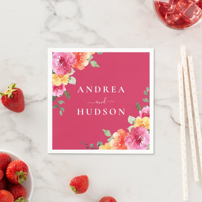 Gorgeous Pink Watercolor Flowers Wedding Napkin (Insitu)