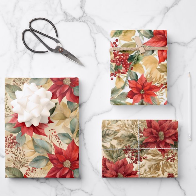 Gorgeous Poinsettia Christmas Coordinating  Wrapping Paper Sheet (Front)