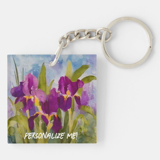 Gorgeous purple watercolor irises personalised key ring (Back)