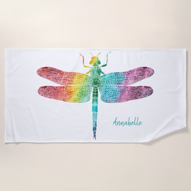 Gorgeous Rainbow Watercolor Dragonfly Personalised Beach Towel (Front)